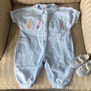 VNTG Chambray BabyGAP One Piece Cotton Jumpsuit w/Shoes 6-12 Month